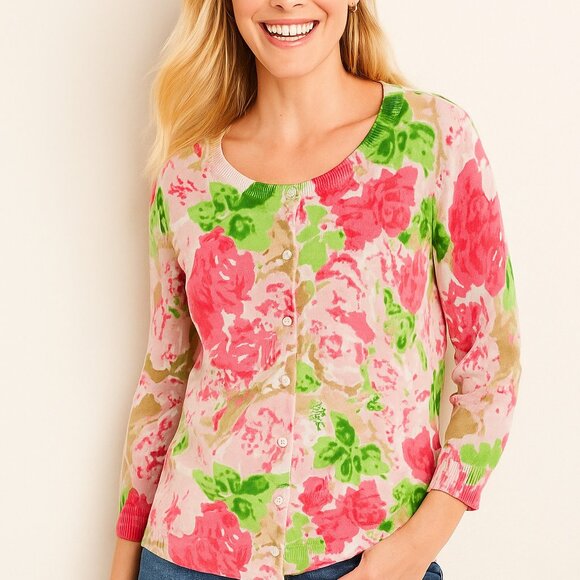 Talbots Sweaters - Talbots Womens M Petite Pink Green Floral Cardigan Sweater Button Up Preppy